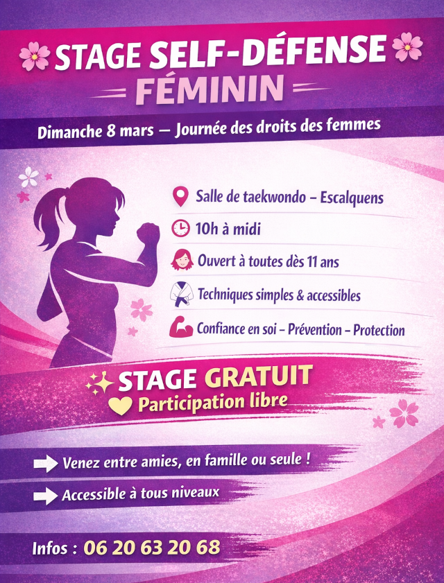 Affiche du stage self-defense féminin du 8 mars 2026